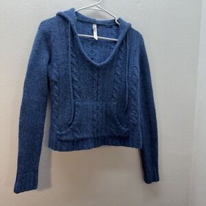 Lilu Angora Rabbit Hair Wool Blue Hooded Sweater L Chunky Cable Knit Crop Hoodie